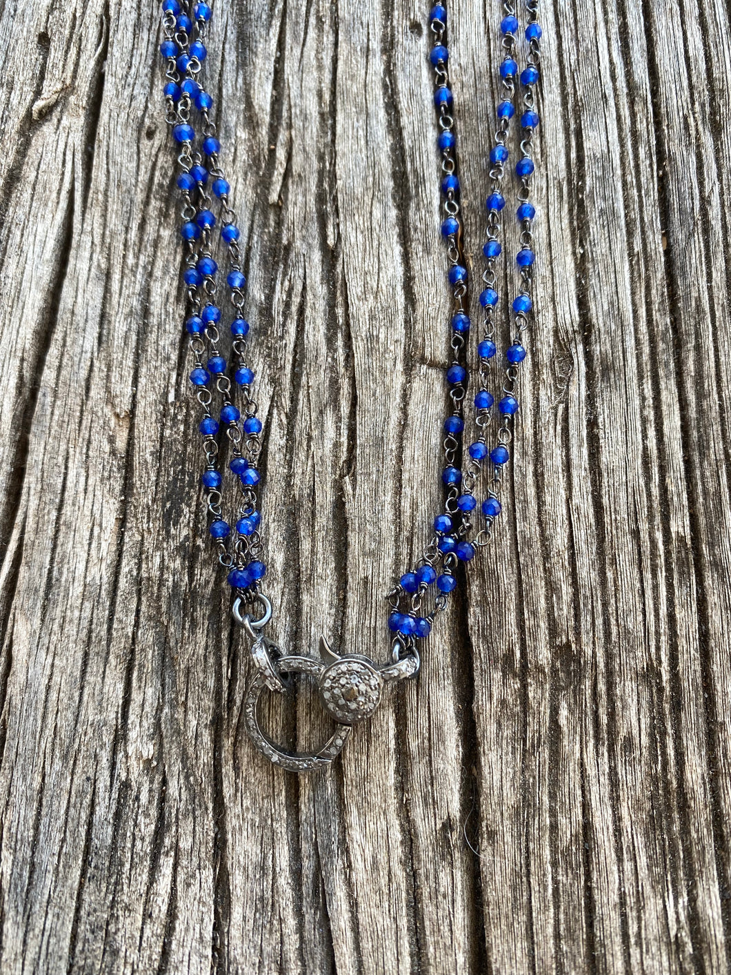 Triple Strand Blue Beaded Necklace with Pave Diamond Clasp.