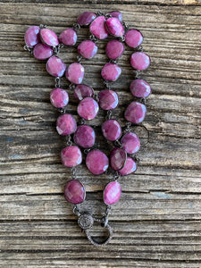 Pink Dyed Bezeled Moonstone Necklace with Pave Diamond Clasp