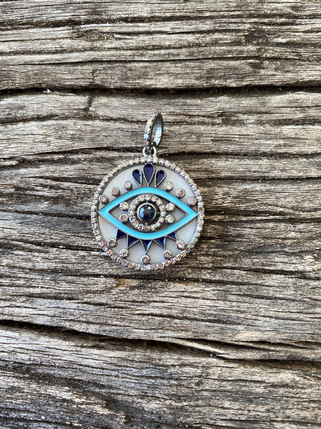 Mother of Pearl Disc with Enamel and Pave Diamond Evil Eye Pendant