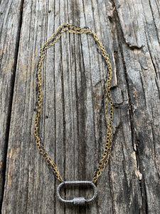 Triple Strand Silver and Gold Chain with Pave Diamond Oval Carabiner