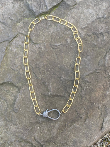 Large Gold Paperclip Chain Necklace with Large Pave Diamond Clasp