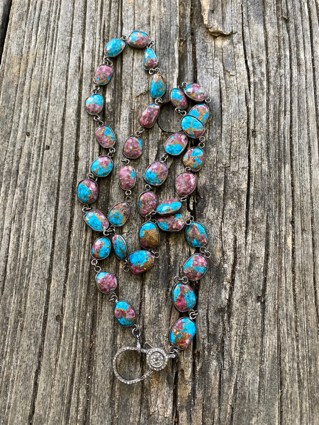 Multi Colored Turquoise Bezel Necklace with Pave Diamond Clasp