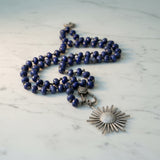 Blue Lapis Beaded Necklace with Pave Diamond Clasp. Pave Diamond Starburst Pendant