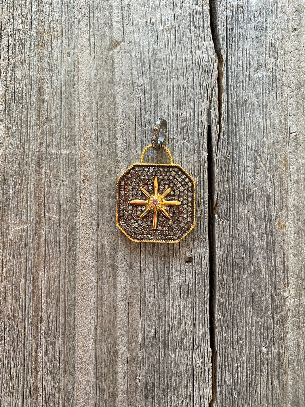 Silver and Gold Star Medallion Pave Diamond Pendant