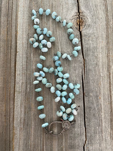Larimar Beaded Necklace with  Pave Diamond Lobster Claw Clasp