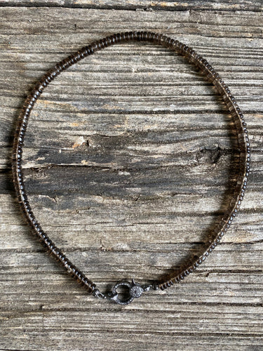 Smokey Quartz Heishi Beaded Necklace with Pave Diamond Clasp