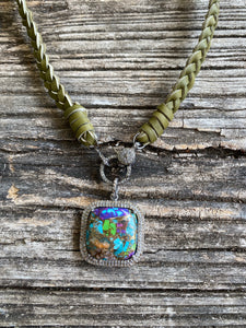 Olive Braided Leather Choker with Pave Diamond Clasp. Double Row Pave Diamond Turquoise Square Pendant