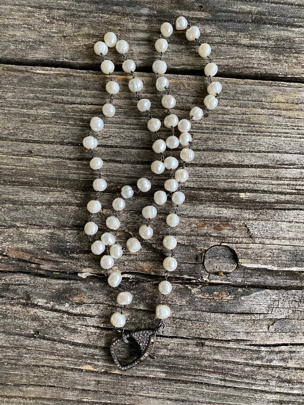 Fresh Water Pearl Beaded Necklace with Pave Diamond Clasp