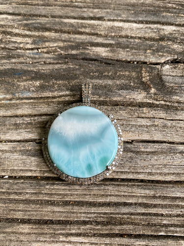 Double Row Diamond Larimar Round Pendant