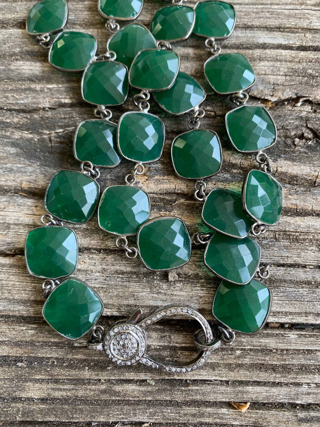 Green Chalcedony Bezel Necklace with Pave Diamond Clasp
