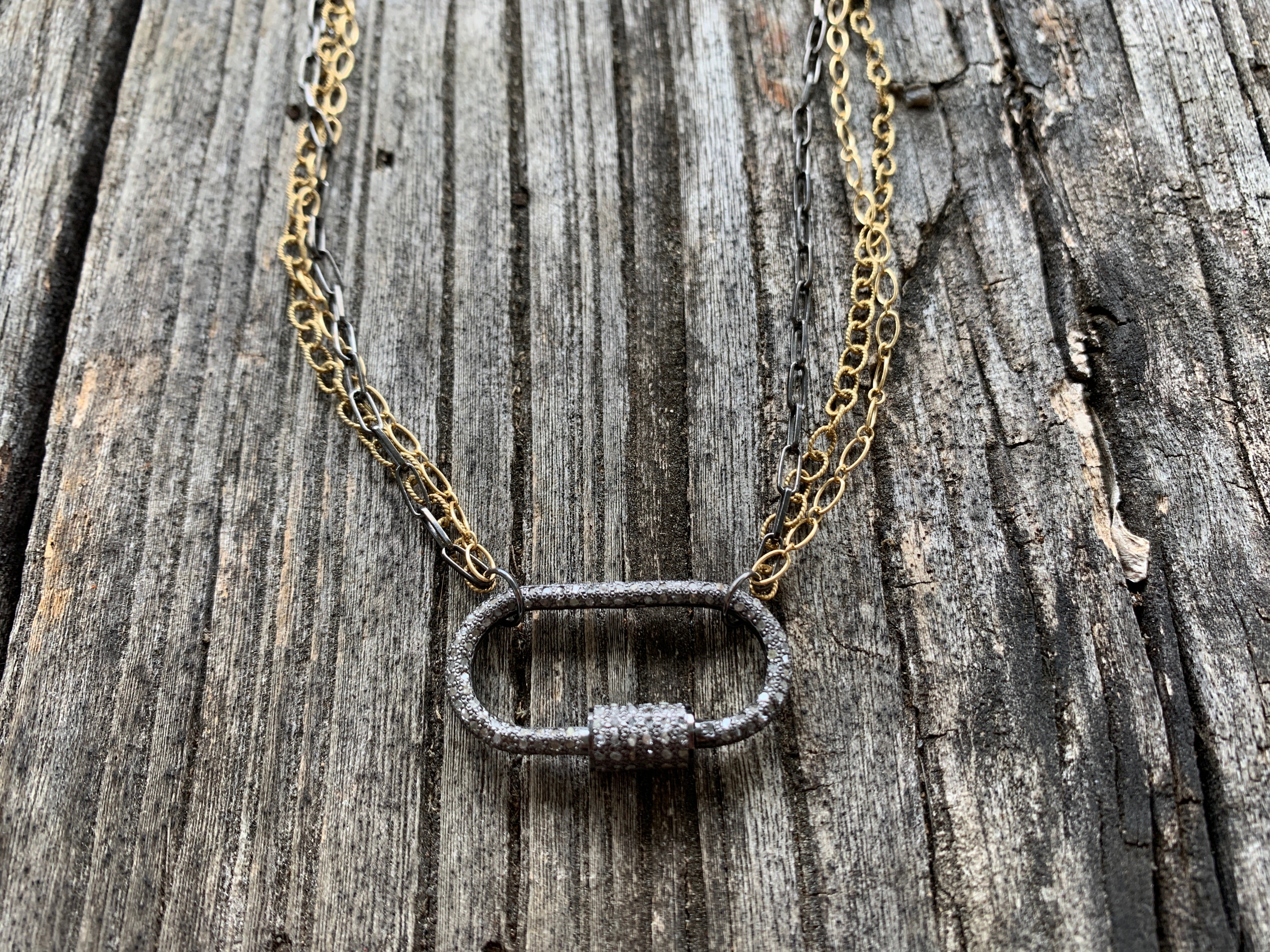 Triple Strand Silver and Gold Chain with Pave Diamond Oval Carabiner