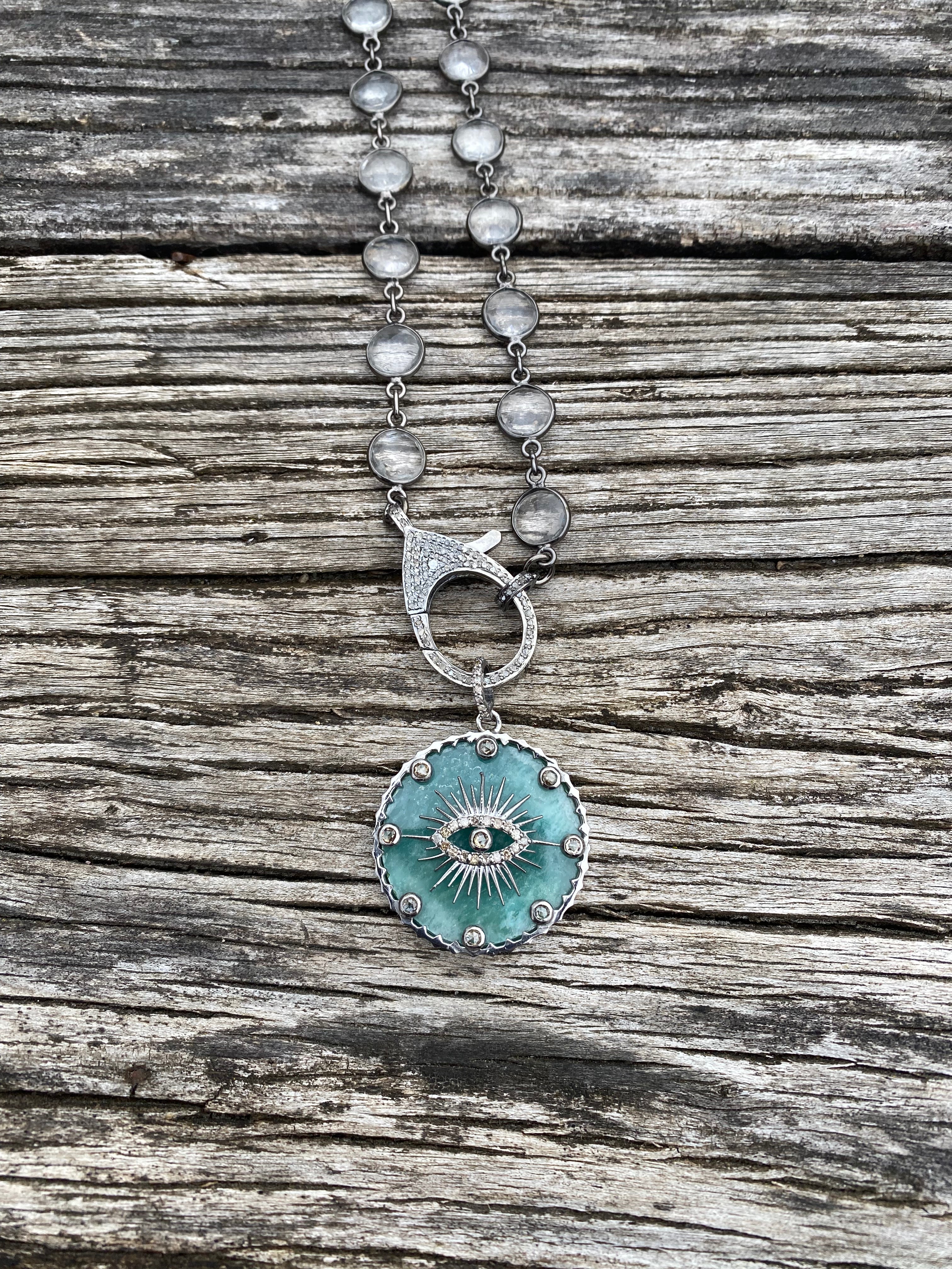 Chalcedony Disc with Evil Eye and Pave Diamond Pendant