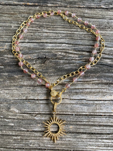 Strawberry Quartz and Gold Double Strand Necklace with Pave Diamond Clasp