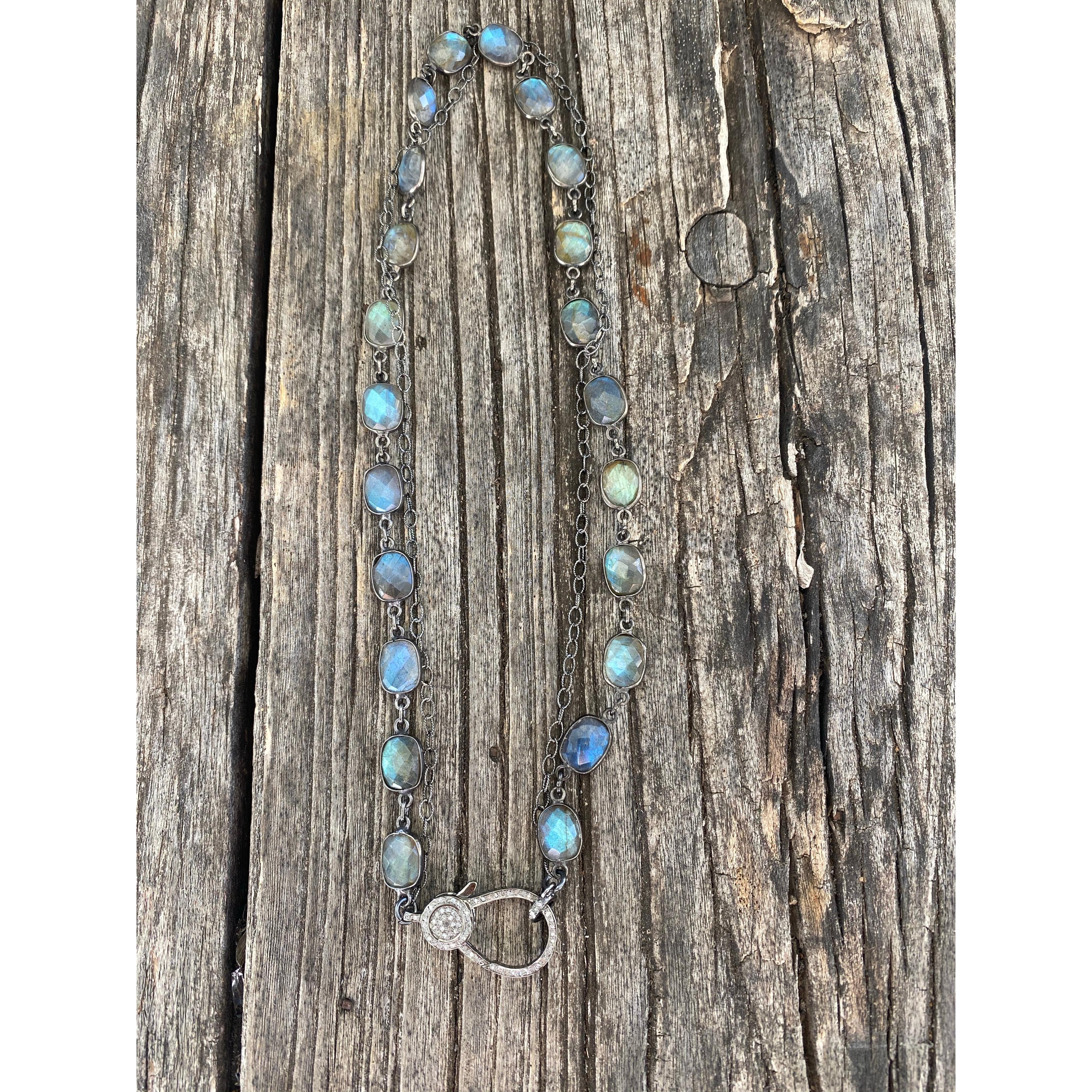 Double Strand of Labradorite and Sterling Silver Necklace with Pave Diamond Clasp