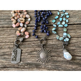 Blue Lapis Beaded Necklace with Pave Diamond Clasp. Pave Diamond Starburst Pendant