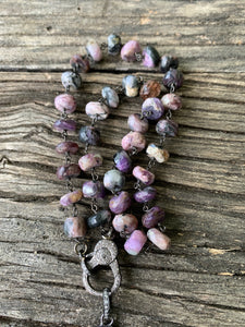 Purple Charoite Beaded Necklace with Pave Diamond Clasp. Pave Diamond Open Heart Pendant