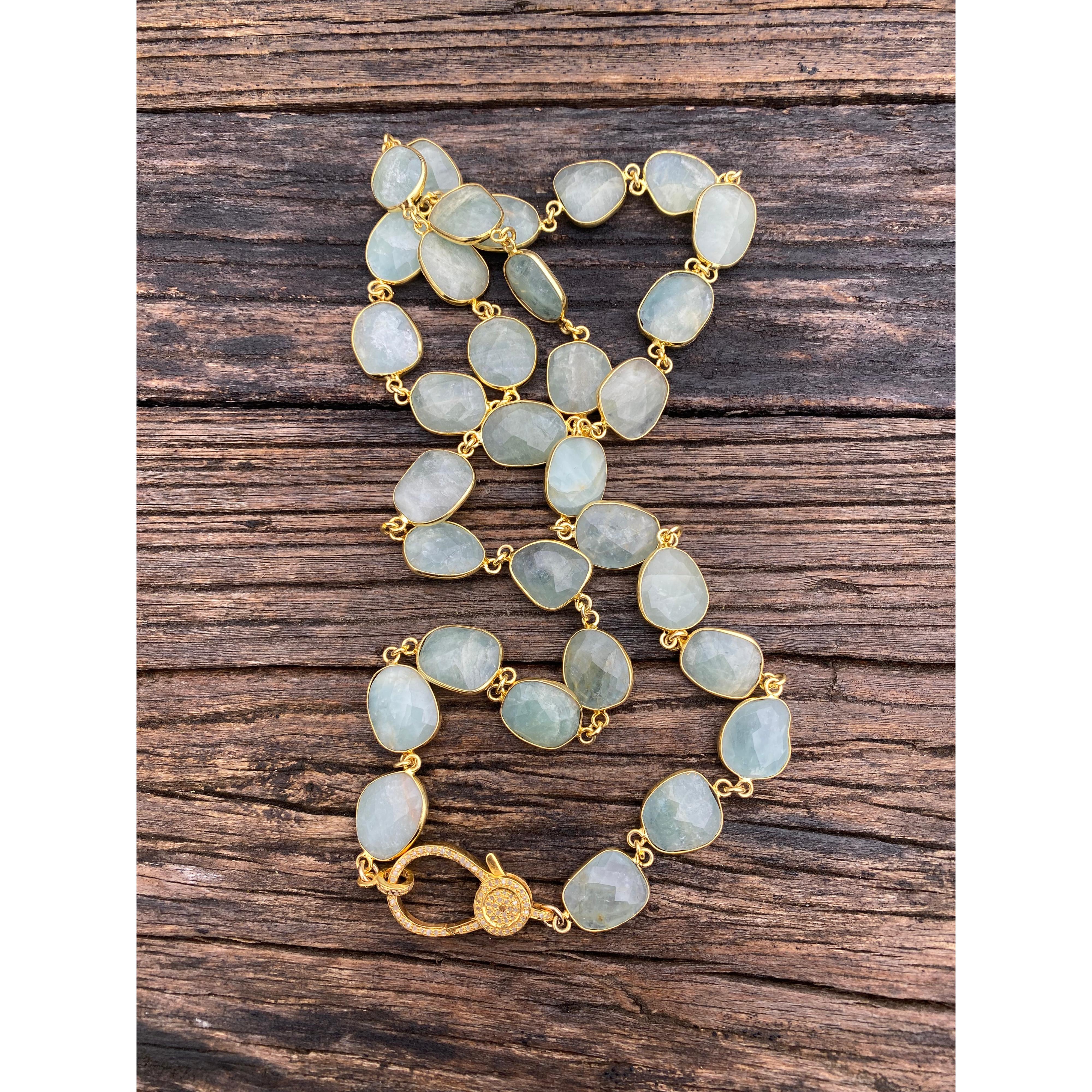 Aquamarine Bezel Necklace with Pave Diamond Gold Clasp