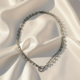 Double Strand Moss Aquamarine and Silver Chain Necklace with Pave Diamond Clasp