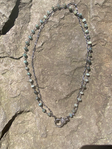 Double Strand Moss Aquamarine and Silver Chain Necklace with Pave Diamond Clasp