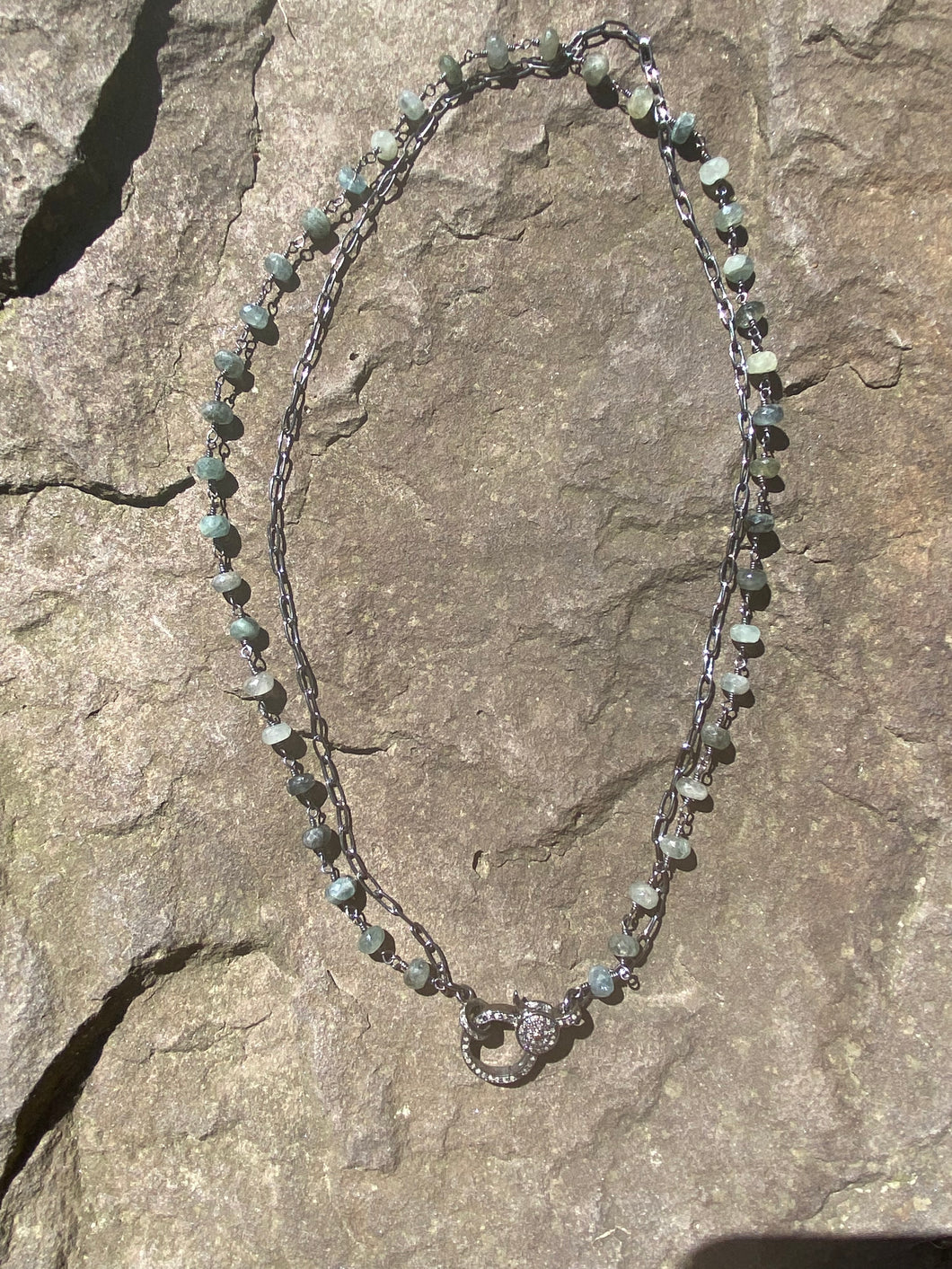 Double Strand Moss Aquamarine and Silver Chain Necklace with Pave Diamond Clasp