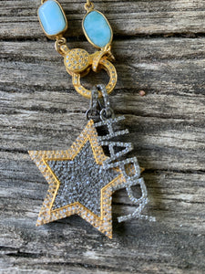 Larimar Bezeled Necklace with Pave Diamond Gold Clasp. Pave Diamond Two Tone Star and Happy Pendantss