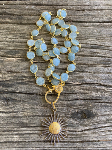 Aquamarine Bezeled Necklace with Pave Diamond Gold Clasp. Pave Diamond Starburst Pendant