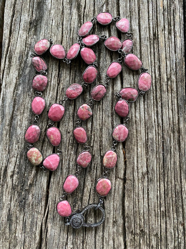 Pink Thulith Bezel Necklace with Pave Diamond Clasp