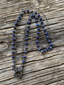 Double Strand Sterling Silver and Lapis Beaded Necklace with Pave Diamond Clasp