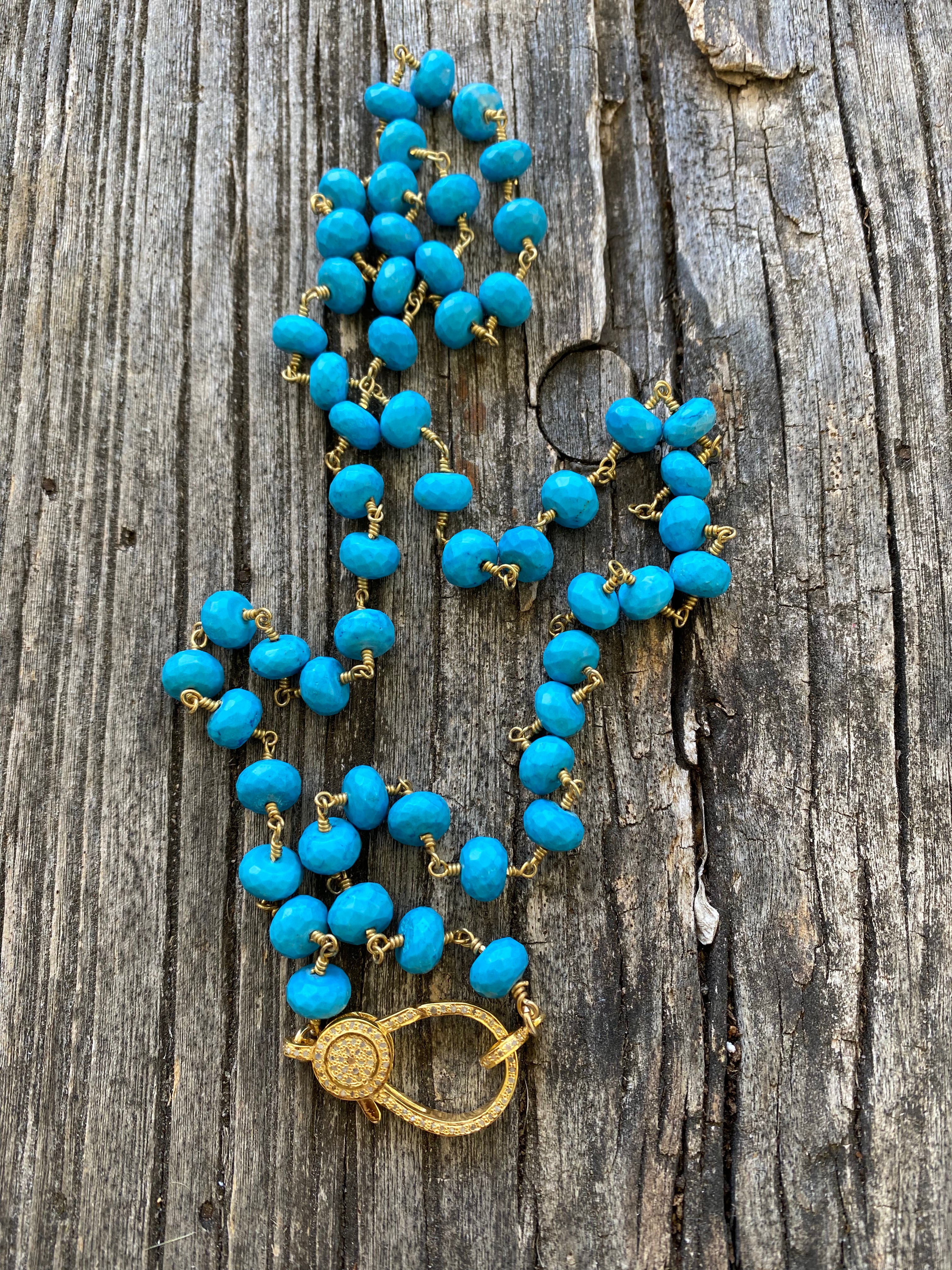 Turquoise Beaded Necklace with Pave Diamond Gold Clasp