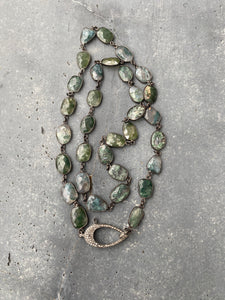 Moss Agate Bezel Necklace with Pave Diamond Clasp
