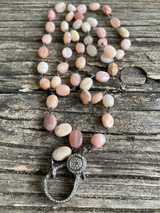 Pink Opal Beaded Necklace with Pave Diamond Clasp
