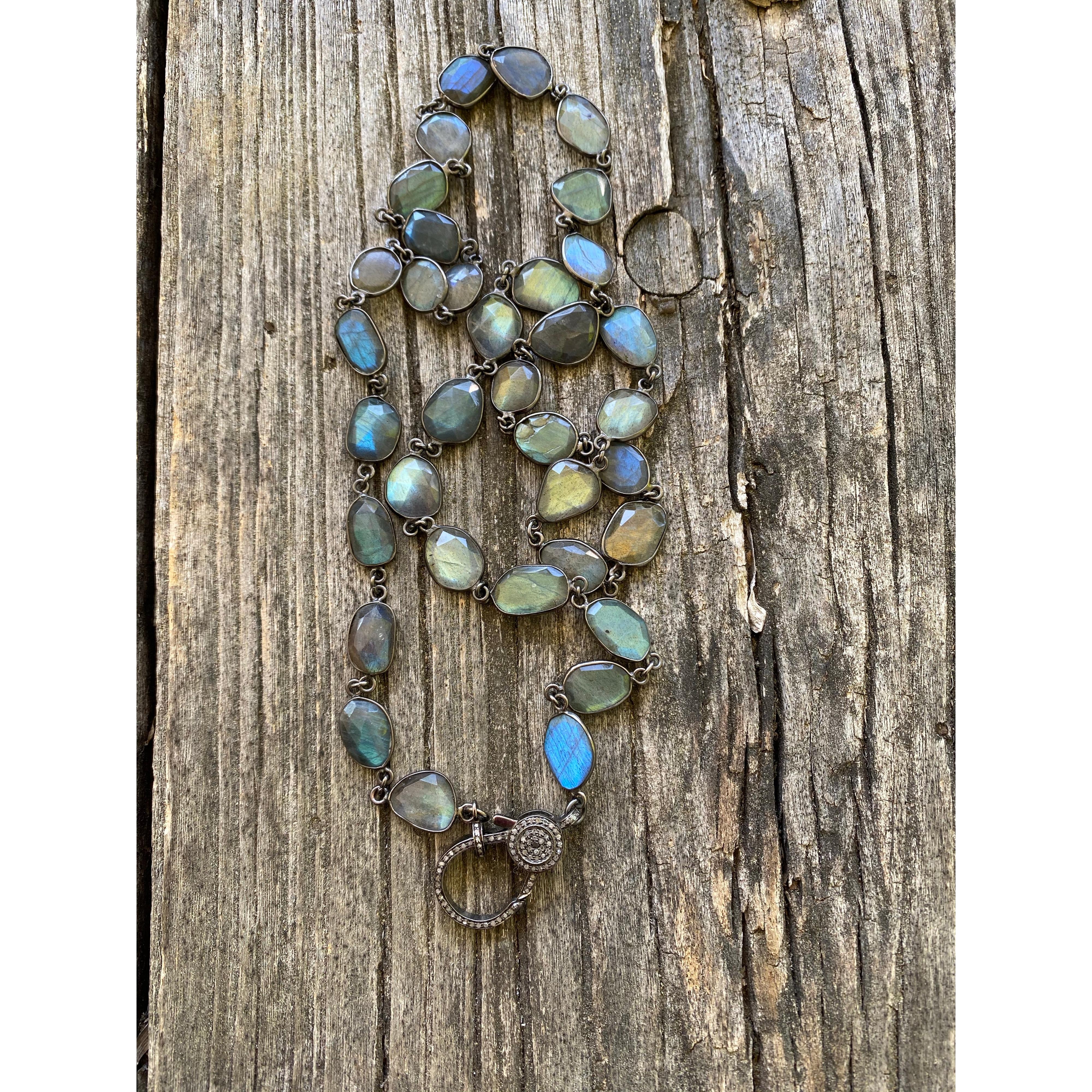 Labradorite Chain Necklace with Pave Diamond Lobster Claw Clasp