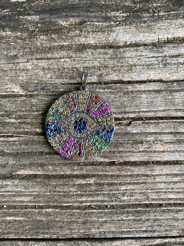 Sterling Silver Multi Sapphire Evil Eye Disc Pendant