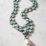 Larimar Bezeled Necklace with Pave Diamond Clasp. Pave Diamond Pearl Pendant