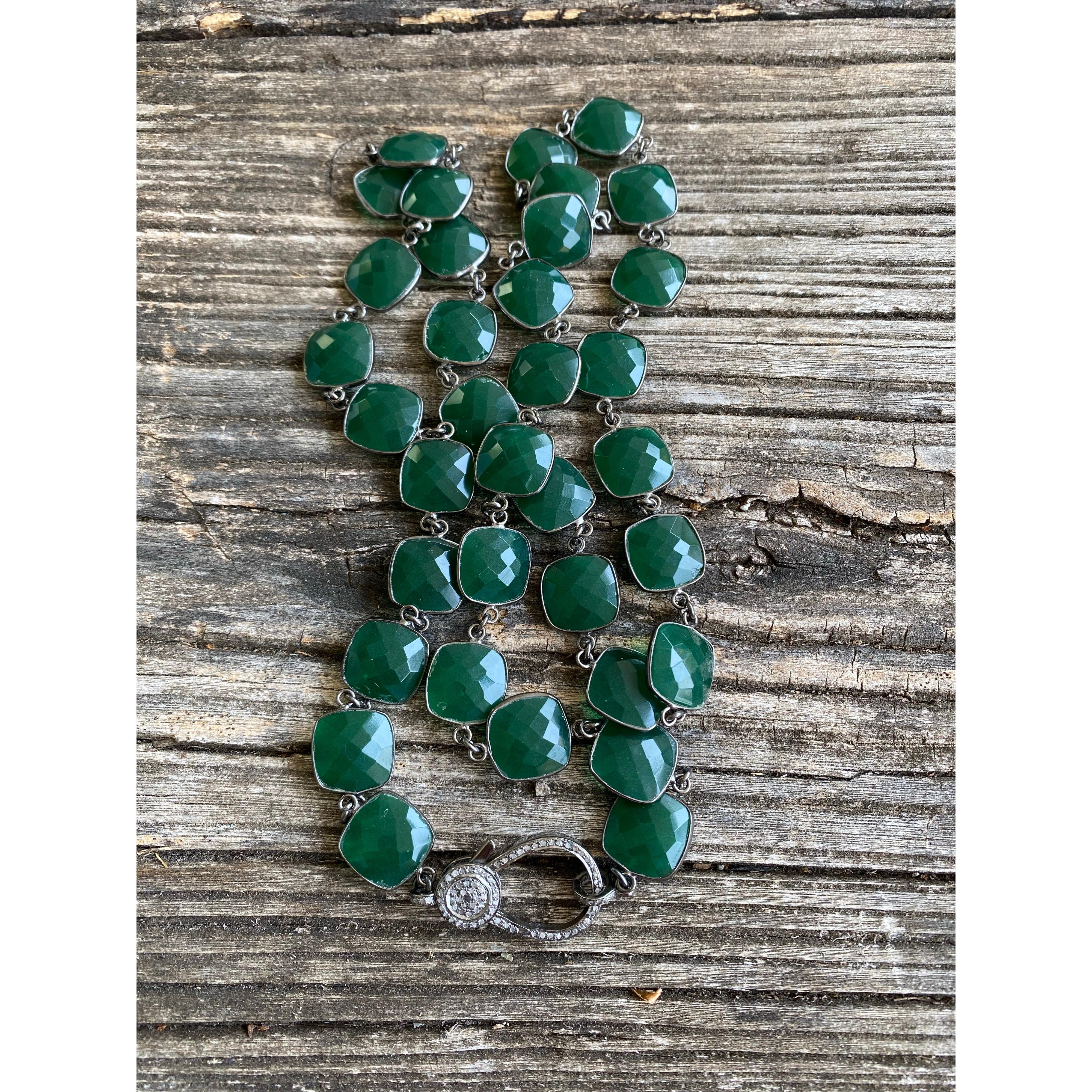 Green Chalcedony Bezel Necklace with Pave Diamond Clasp