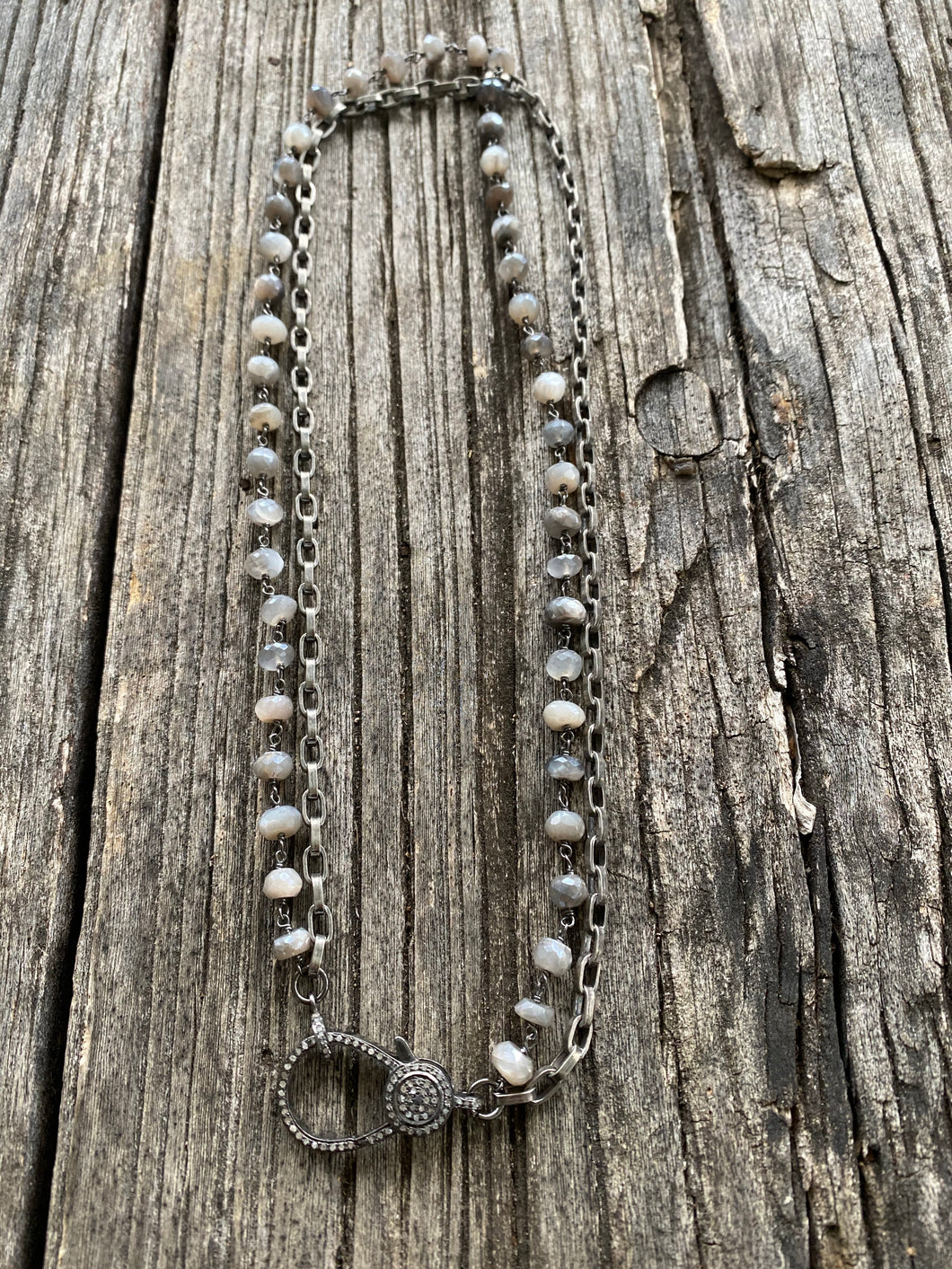 Beige and Grey Rondelle Beads with Sterling Silver Double Strand Necklace with Pave Diamond Clasp