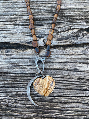 African Bone Beaded Necklace with Pave Diamond Clasp. Pave Diamond Moon and Agate Heart Pendants