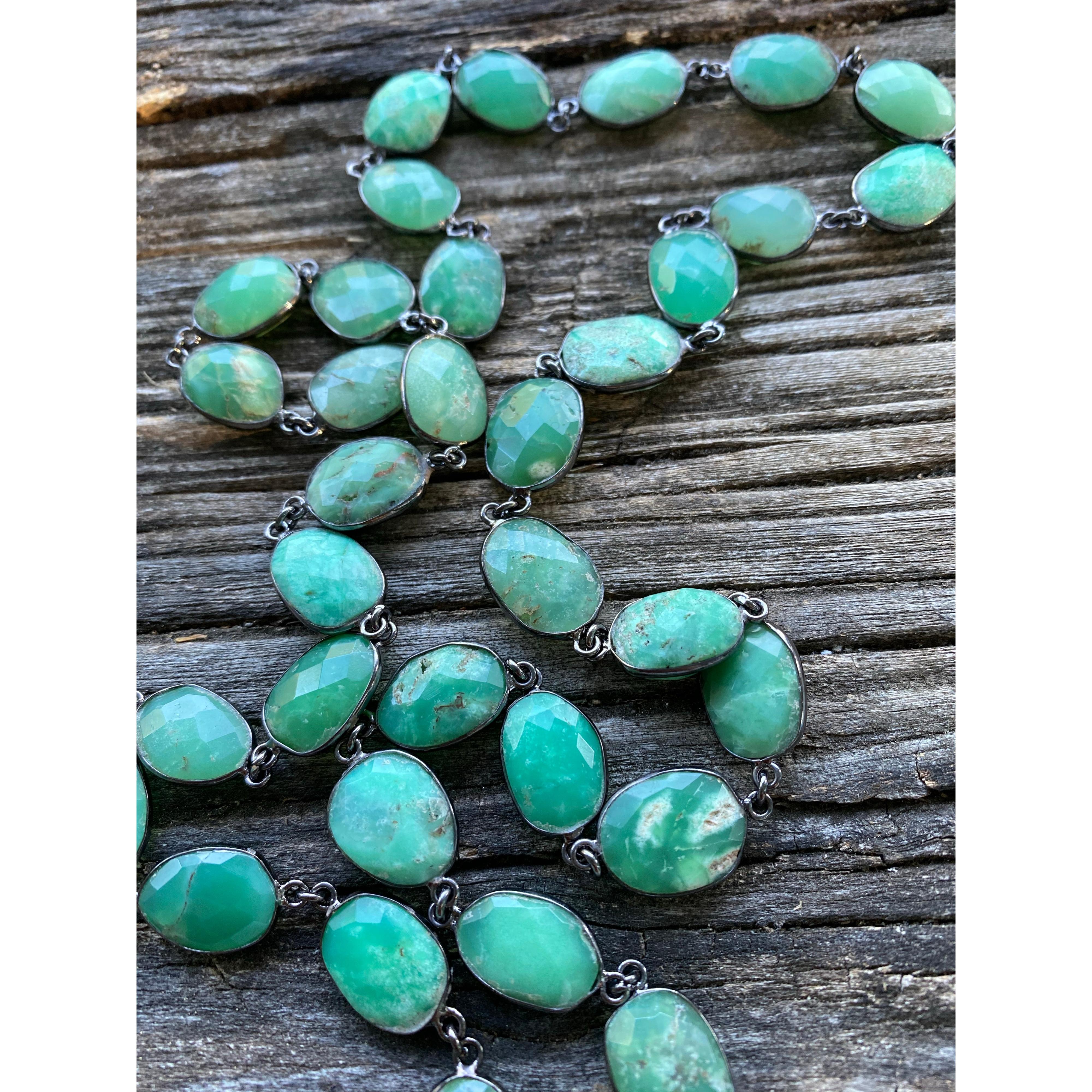 Green Chrysoprase Bezeled Necklace with Large Pave Diamond Lobster Claw Clasp