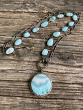 Larimar Bezel and Silver Paperclip Chain Necklace with Pave Diamond Clasp. Double Row Diamond Border Larimar Round Pendant