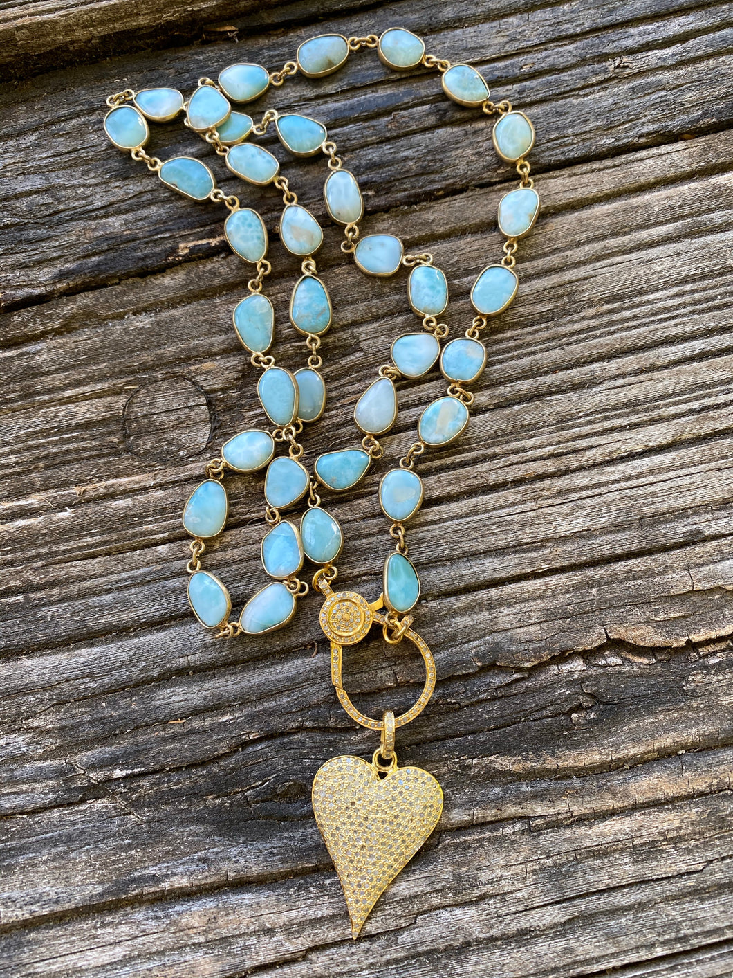 Larimar Necklace with Gold Pave Diamond Clasp. Pave Diamond Heart Pendant
