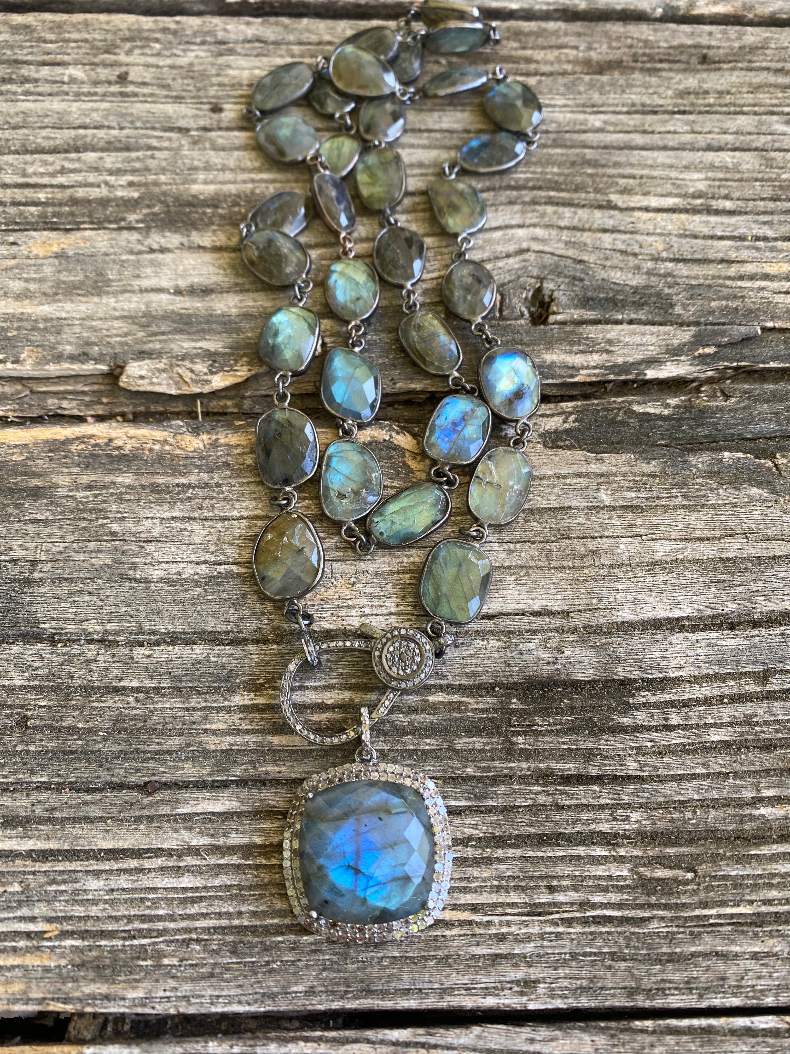 Labradorite Bezel Necklace with Pave Diamond Clasp. Pave Diamond Double Row Labradorite Pendant