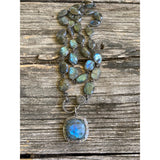 Labradorite Bezel Necklace with Pave Diamond Clasp. Pave Diamond Double Row Labradorite Pendant
