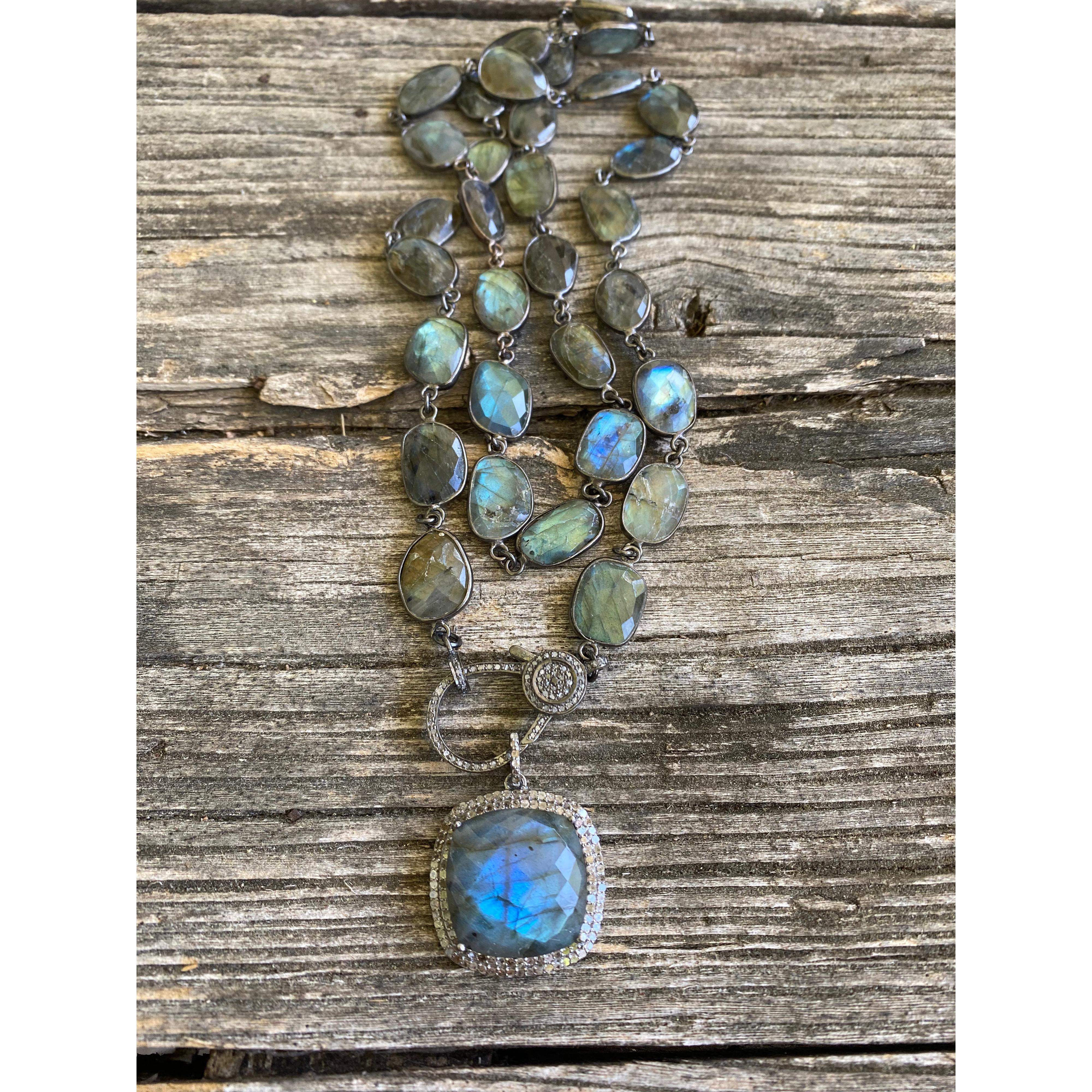 Labradorite Bezel Necklace with Pave Diamond Clasp. Pave Diamond Double Row Labradorite Pendant