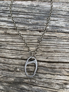 Sterling Silver Chain Necklace with Oblong Hanging Pave Diamond Carabiner