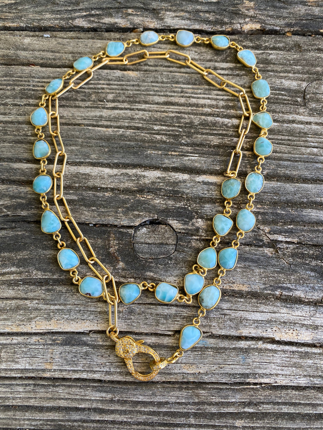 Larimar and Paperclip Gold Chain with Pave Diamond Clasp