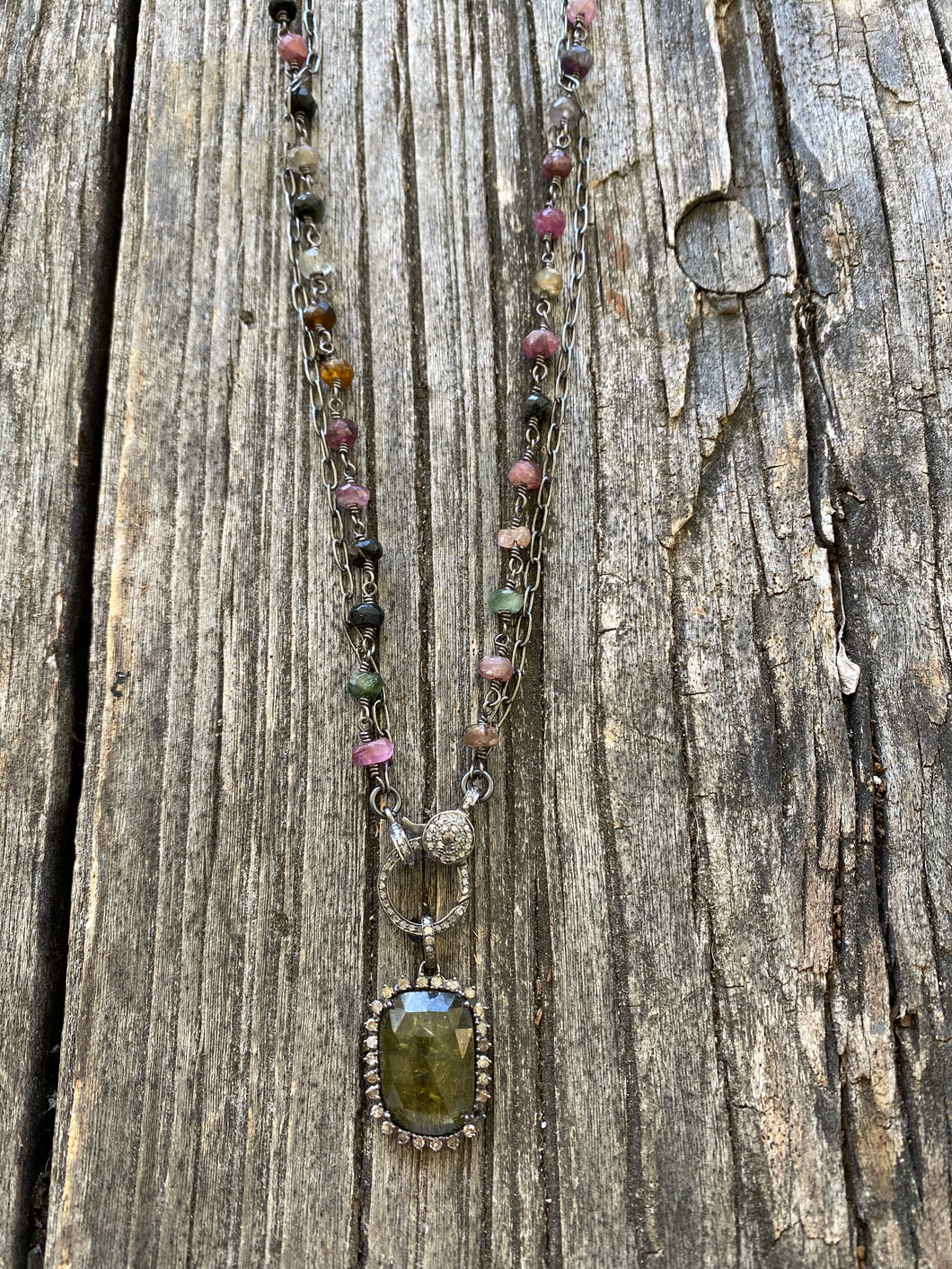 Tourmaline Double Strand Beaded Necklace with Pave Diamond Clasp. Pave Diamond Matching Tourmaline Pendant