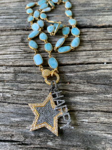 Larimar Bezeled Necklace with Pave Diamond Gold Clasp. Pave Diamond Two Tone Star and Happy Pendantss