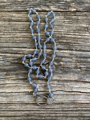 Grey Jade Beaded Necklace with Pave Diamond Clasp