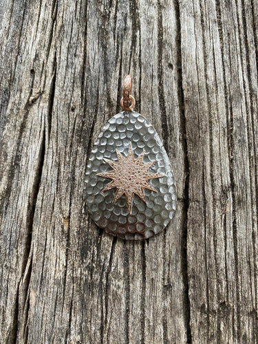 Sterling Silver Hammered Pendant with Pave Diamond Rose Gold Sunburst