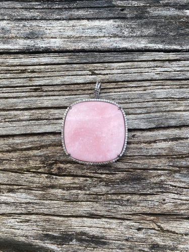 Pink Opal Square Pendant with Pave Diamond Border